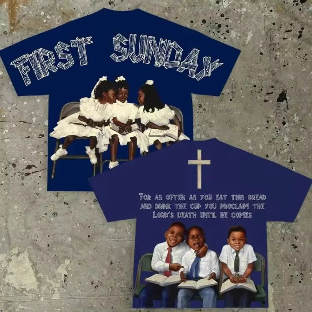 Vintage Children First Sunday Print Graphic Cotton T-Shirt