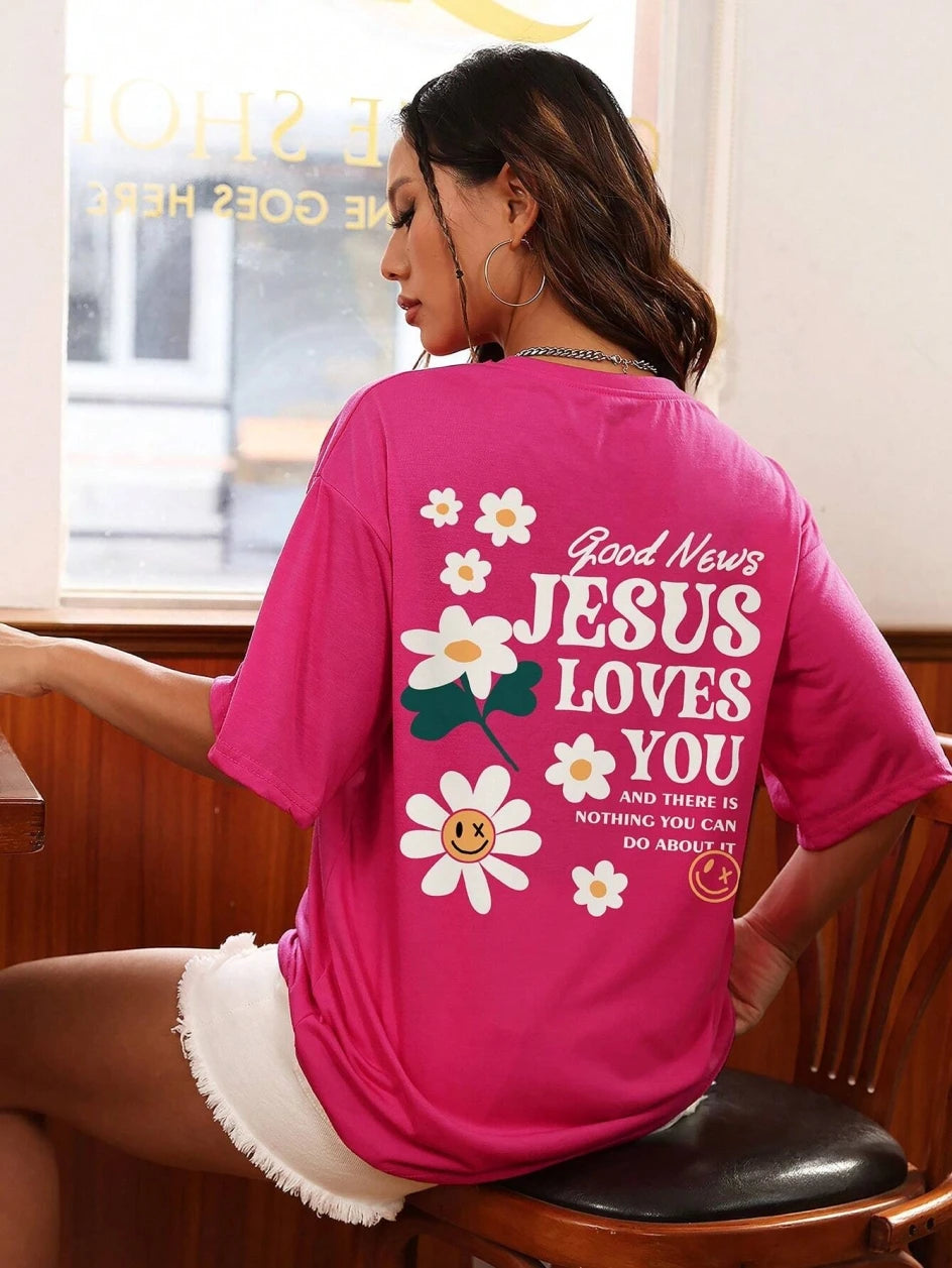 Good News Jesus Loves You Print Women’s T-Shirt – Casual Summer Cotton Tee with Floral Design