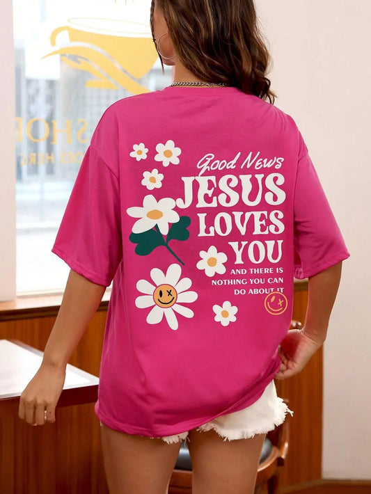 Good News Jesus Loves You Print Women’s T-Shirt – Casual Summer Cotton Tee with Floral Design