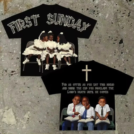 Vintage Children First Sunday Print Graphic Cotton T-Shirt