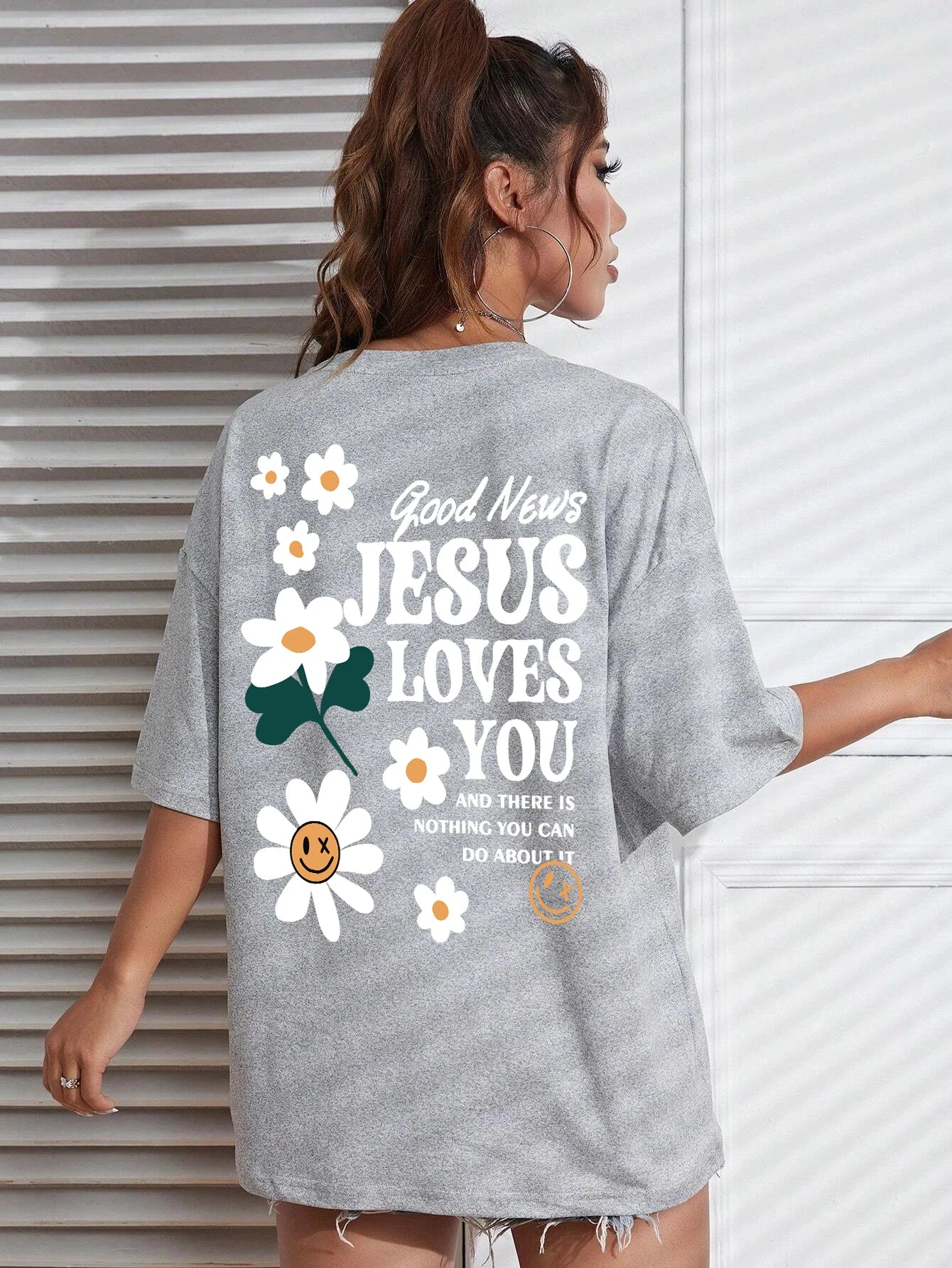 Good News Jesus Loves You Print Women’s T-Shirt – Casual Summer Cotton Tee with Floral Design