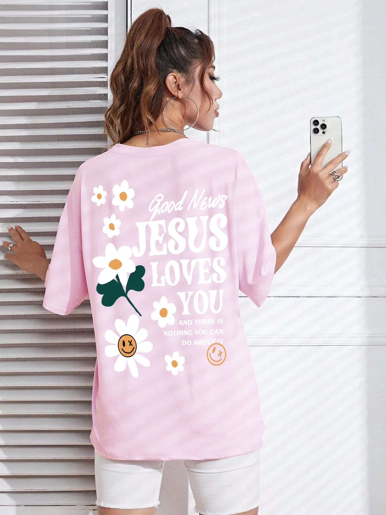 Good News Jesus Loves You Print Women’s T-Shirt – Casual Summer Cotton Tee with Floral Design