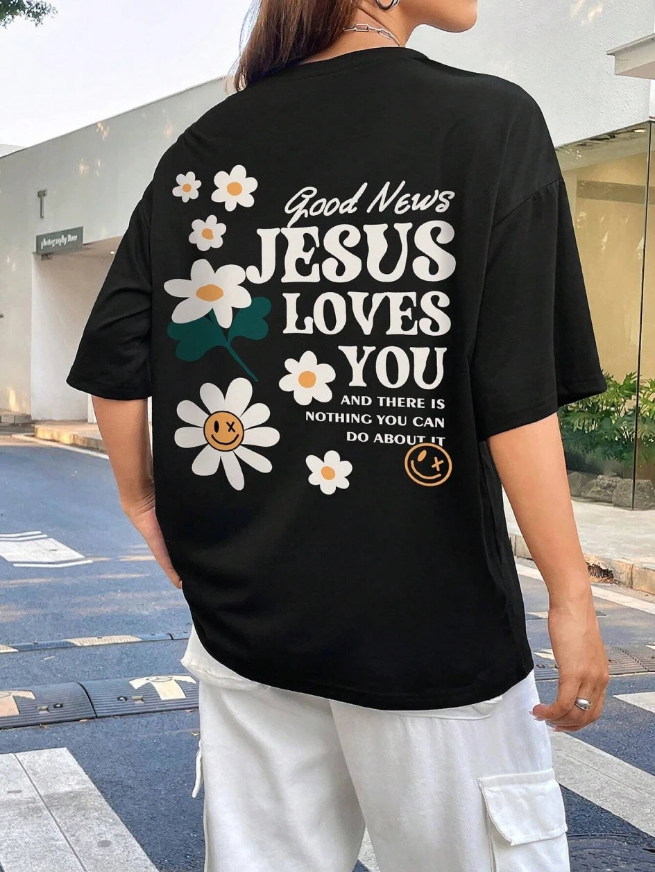 Good News Jesus Loves You Print Women’s T-Shirt – Casual Summer Cotton Tee with Floral Design