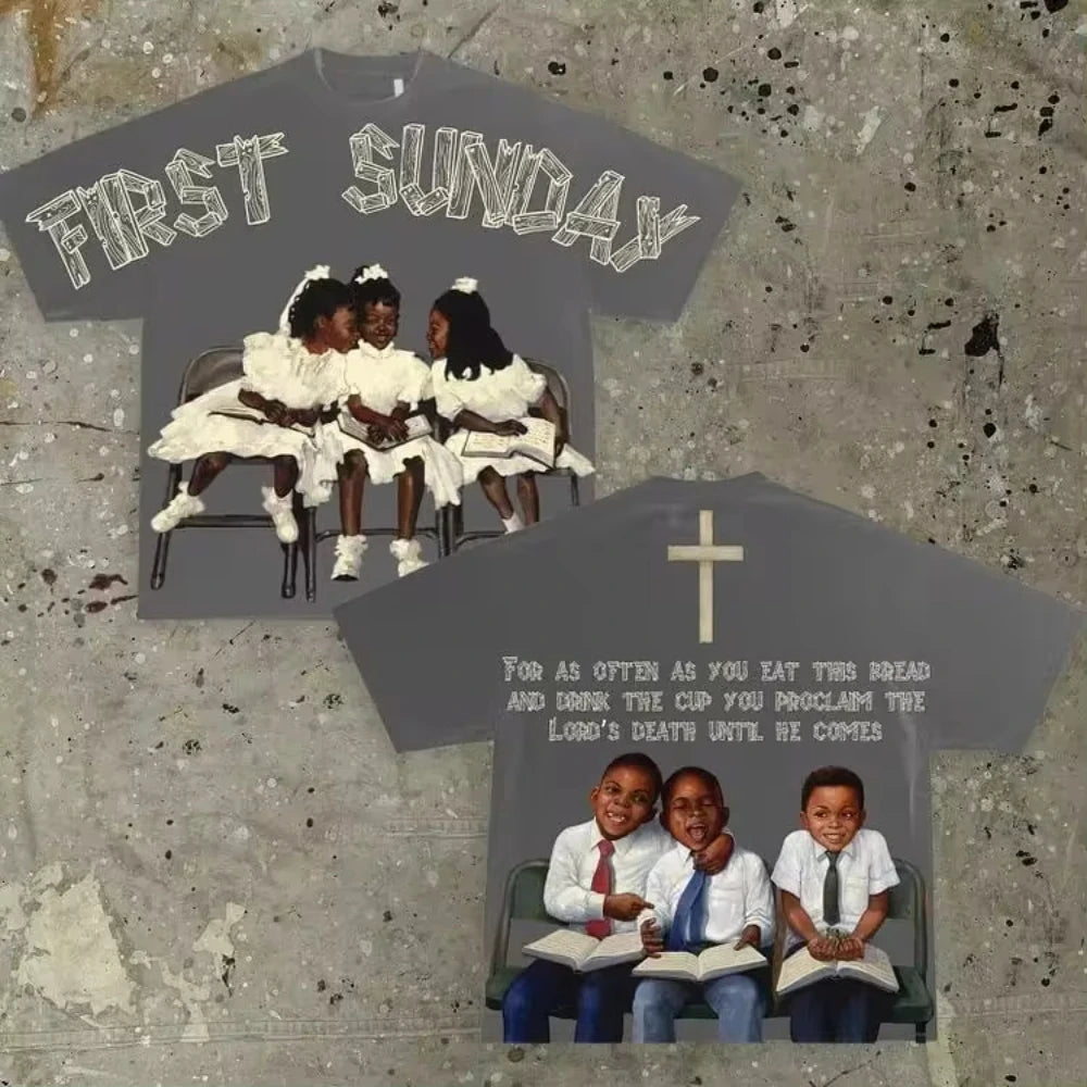 Vintage Children First Sunday Print Graphic Cotton T-Shirt